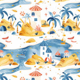 The image is a vibrant and whimsical pattern featuring various tropical elements such as palm trees, islands, boats, and other nautical elements. The overall color scheme is predominantly blue, yellow, and orange, creating a lively and cheerful atmosphere.