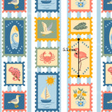 The image is a repeating pattern of various colorful postage stamps, each featuring different designs and illustrations such as a bird, a flower, a sailboat, and a fish.