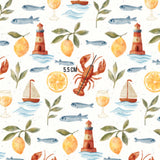 a picture of a pattern with a lobster and a lighthouse