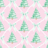 a watercolor christmas tree with a bow on a pink background