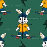 The image is a repeating pattern of cartoon rabbits wearing hats and riding skateboards.
