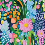 a painting of colorful flowers on a blue background