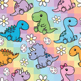 a colorful pattern of dinosaurs and daisies