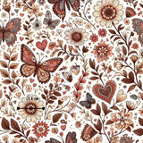 The image is a repeating pattern of various floral and butterfly elements, including flowers, leaves, and butterflies, arranged in a visually appealing and intricate manner.