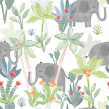 a pattern of elephants and plants on a white background