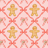 a repeating pattern of gingerbread men and candy canes on a pink background.
