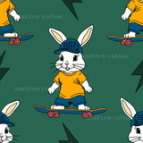A cartoon rabbit wearing a yellow shirt and blue pants is riding a skateboard against a green background with lightning bolts.