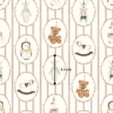 a repeating pattern of various cartoon-style animals, including a teddy bear, a rocking horse, a duck, and a lion, all set against a white background with a striped pattern.