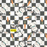 a repeating pattern of cartoon rabbits wearing hats and holding carrots, all set against a black and white checkered background.