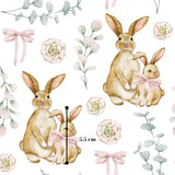 a repeating pattern of rabbits wearing pink bows, along with various floral elements such as flowers and leaves. The rabbits are positioned in different poses, creating a dynamic and whimsical composition. The image does not contain any text or specific details about the rabbits or their surroundings.