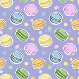 a repeating pattern of colorful macarons against a purple background.