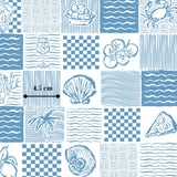 The image is a collage of various blue and white patterns and illustrations, including a bowl of fruit, a wine glass, a crab, a seashell, and a slice of pizza.
