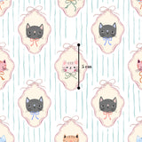 The image is a repeating pattern of framed cat illustrations, each with a bow and a small measurement line indicating the size of the cats.