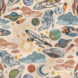 a space themed wallpaper with rockets, stars, and planets