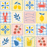 The image is a vibrant and colorful collage featuring various seafood and fruit illustrations, including a lobster, fish, shrimp, lemon, and cherry. The collage is composed of multiple smaller images arranged in a grid-like pattern, creating a visually appealing and cohesive design.