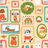 a pattern of dogs and frames on a beige background