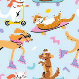 a group of dogs and cats riding skateboards
