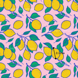 a repeating pattern of yellow lemons with green leaves on a pink background.