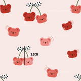 a pink background with cherries and bears on it