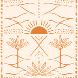 an orange and white pattern with trees and a sun