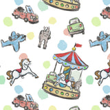 The image is a repeating pattern of various colorful and whimsical illustrations, including a carousel, a horse, a plane, and other playful elements.