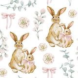 a repeating pattern of three rabbits wearing pink bows, surrounded by various floral elements such as flowers and leaves.