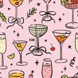 a pink background with glasses of different types of drinks