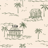 a drawing of a house on a beach with palm trees