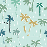 a blue background with palm trees and stars