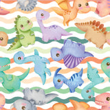a group of colorful dinosaurs on a striped background
