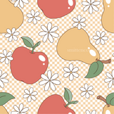 a pattern of apples, pears, and flowers