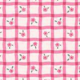 a repeating pattern of pink and white checkered squares, each containing a small pink flower and a green leaf.