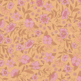 a pink and brown flower pattern on a yellow background