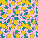 a repeating pattern of yellow lemons with green leaves on a pink background.