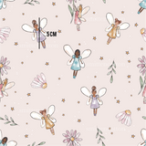 a pink background with a pattern of little fairy girls