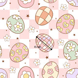 a pattern of colorful Easter eggs and flowers on a pink and white checkered background.