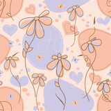 a pattern of flowers and hearts on a pink background