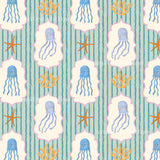 a repeating pattern of blue jellyfish and starfish against a striped background.