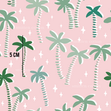 a pink background with palm trees and stars