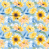 a blue background with yellow and white sunflowers