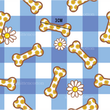 a blue and white checkered pattern with a dog bone and flower