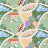The image is a colorful and whimsical pattern featuring various farm-related elements such as a farmhouse, tractor, sheep, and ducks. The pattern is composed of multiple smaller images that come together to create a larger, cohesive design.