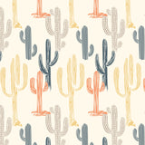 a repeating pattern of stylized cacti in various shades of orange, blue, and gray against a light background.