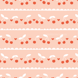 a pattern with cherries and leaves on a beige background