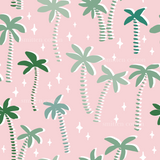 a pink background with palm trees and stars
