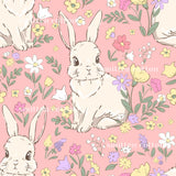 a pattern of cartoon rabbits surrounded by colorful flowers and leaves on a pink background.