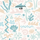 a white background with a blue and pink pattern