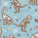 a pattern of dinosaurs and bones on a blue background