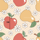 a pattern of apples, pears, and flowers