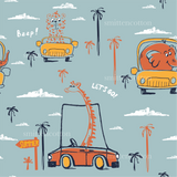 a car driving down a street next to palm trees